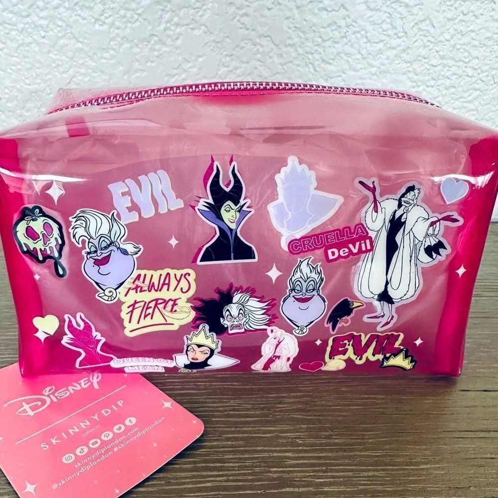 NWT Disney Villain Clear Pink Zipper Makeup Travel Bag